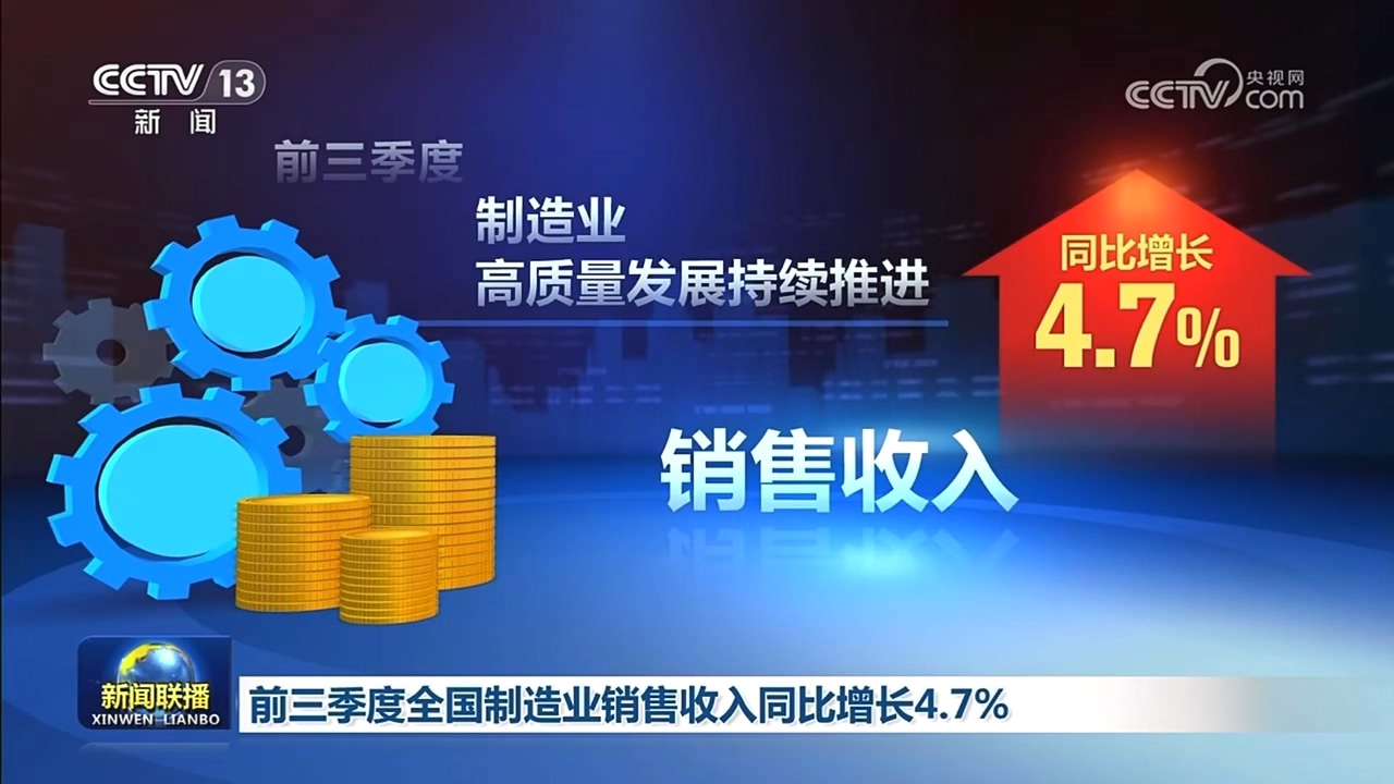 央视新闻联播：税收数据显示 前三季度全国制造业销售收入同比增长4.7%
