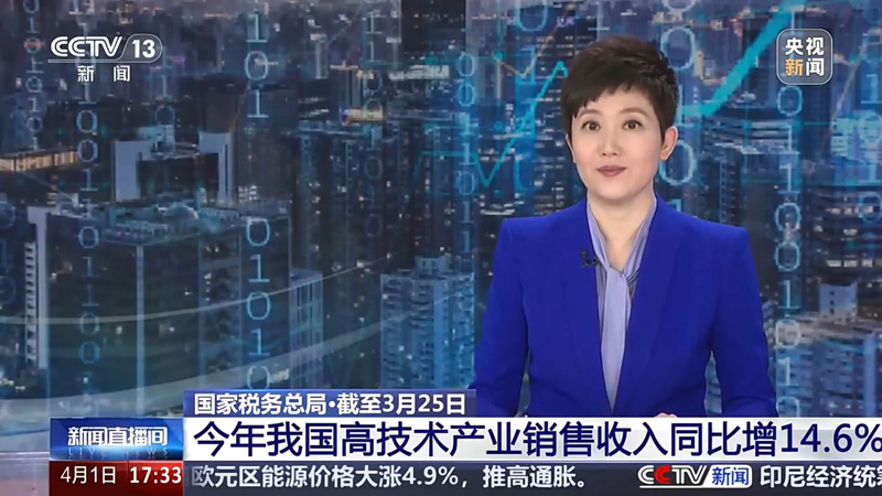 央视新闻直播间：发票数据显示：截至3月25日 今年我国高技术产业销售收入同比增14.6%